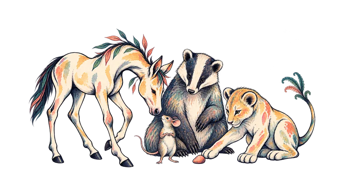 Aquarellillustration mit Pferd, Dachs, Maus und Löwenjungem