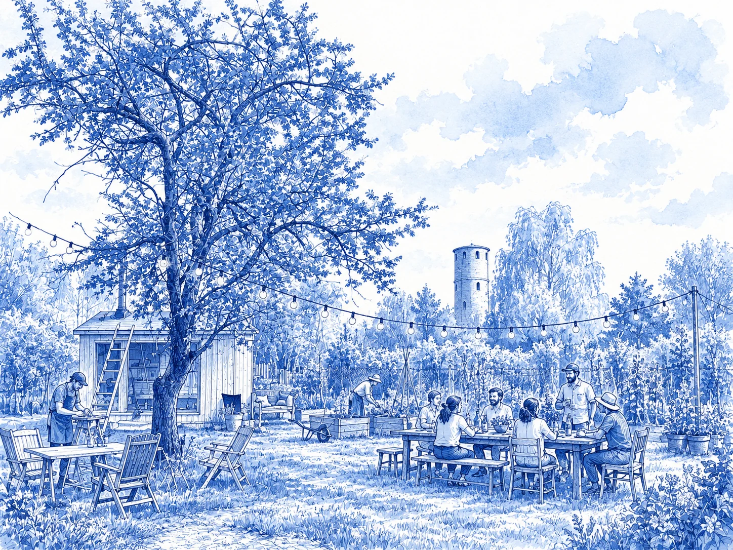 Illustrative Zukunftsskizze eines Gemeinschaftsgartens am Wasserturm in blauer Tusche